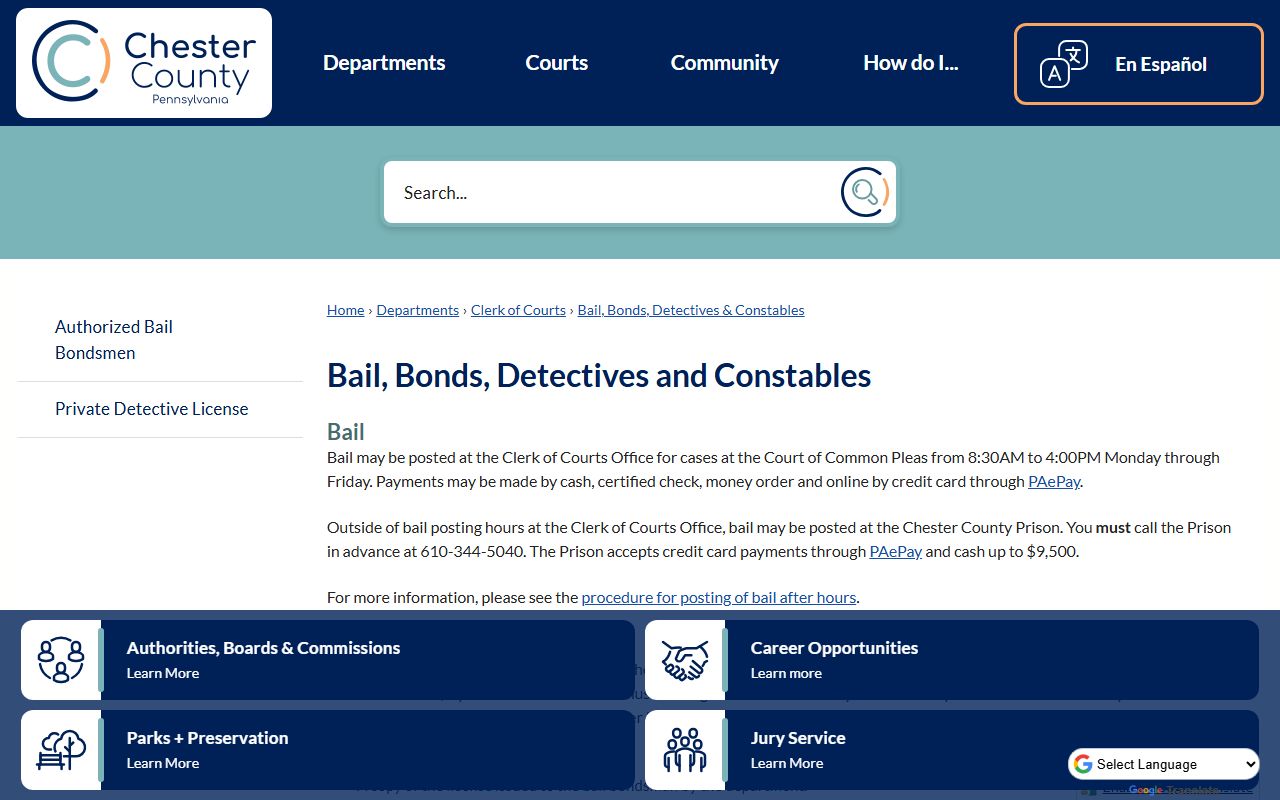 Chester County bail records after jail arrest and Clerk of Courts payment rules
