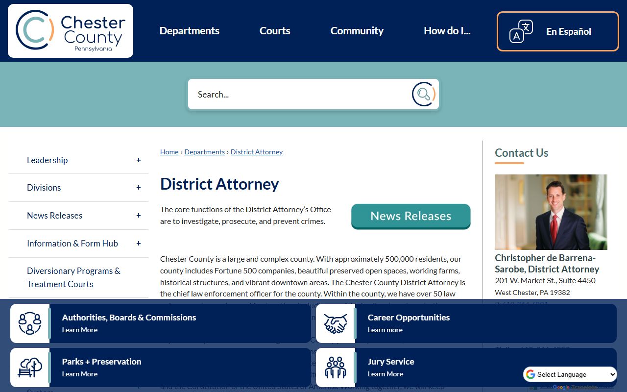 Chester County District Attorney page for court records after jail arrest