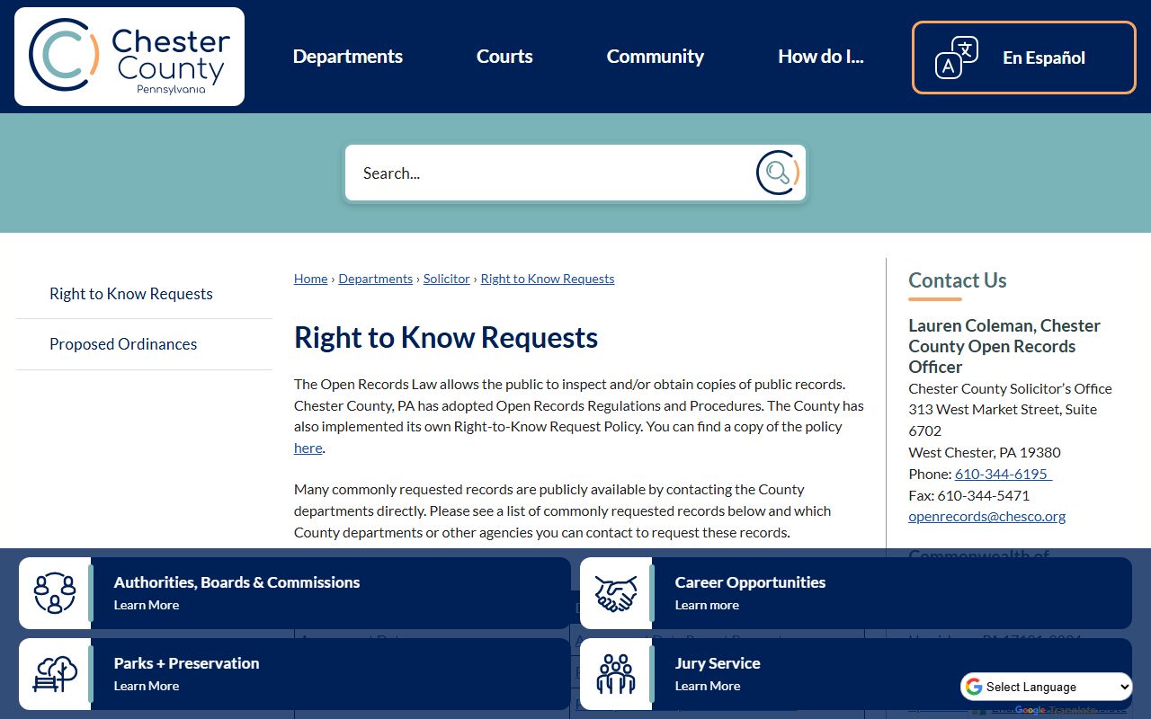 Chester County Right-to-Know request page for inmate population records