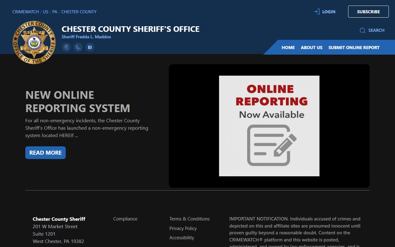 Chester County sheriff CRIMEWATCH app page without a documented inmate mugshot roster