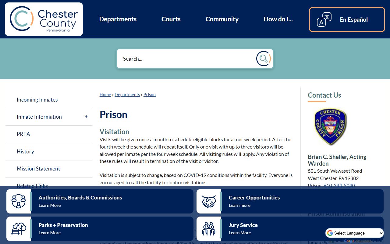 Chester County Prison official page for inmate population and custody contact information