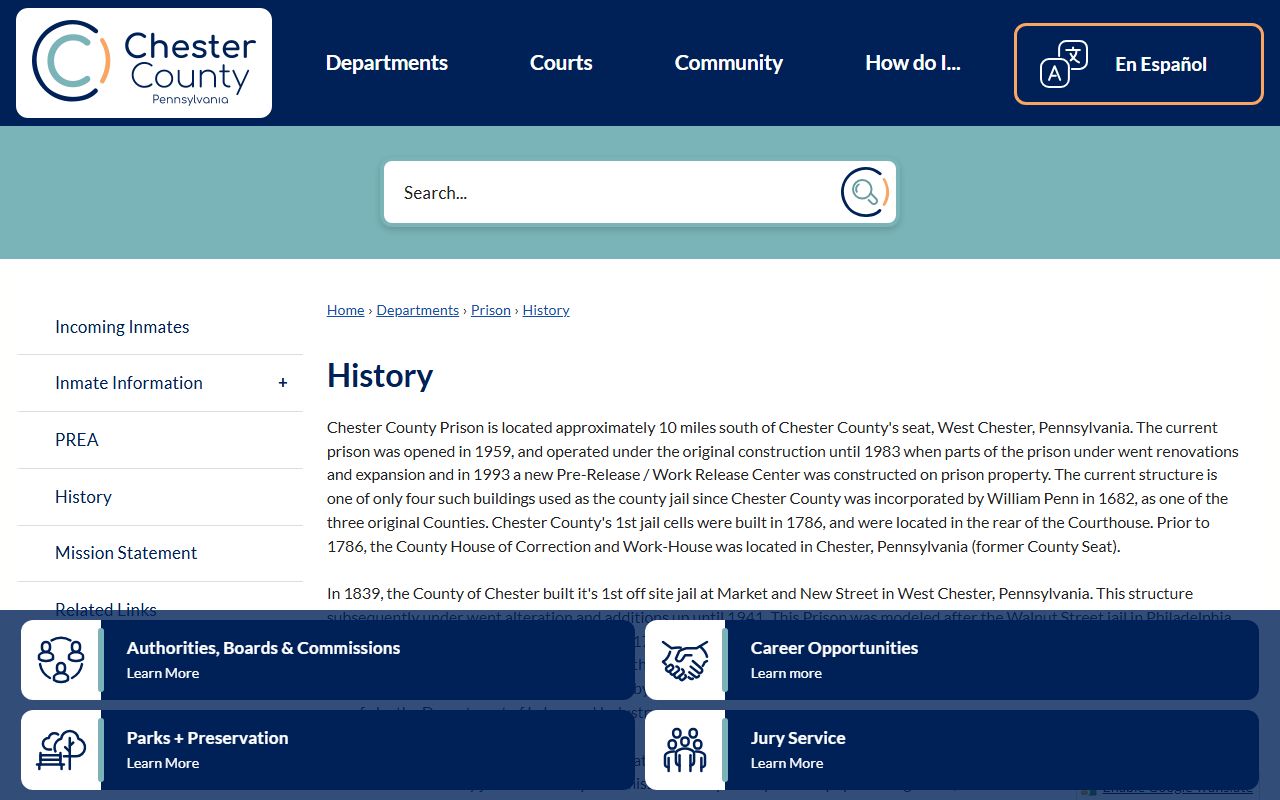 Chester County Prison history and custody facility timeline