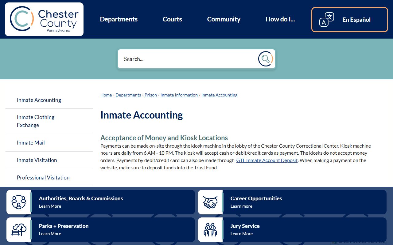 Chester County Prison inmate accounting and deposit options