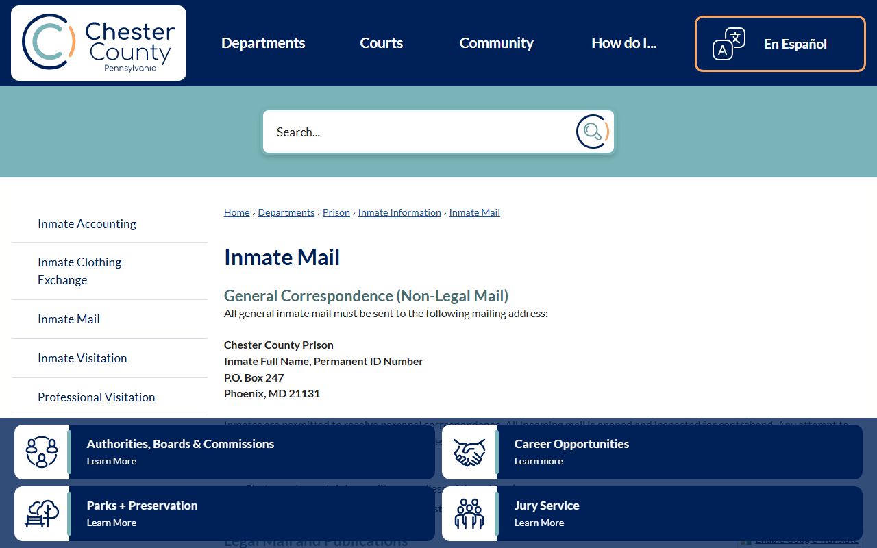 Chester County Prison inmate mail rules and addresses