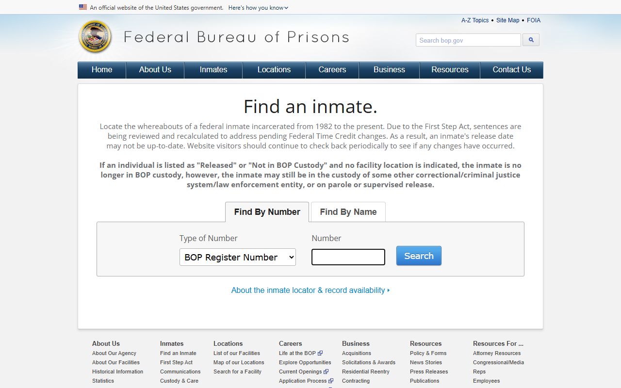 Federal BOP locator for custody searches, not Chester County jail mugshots